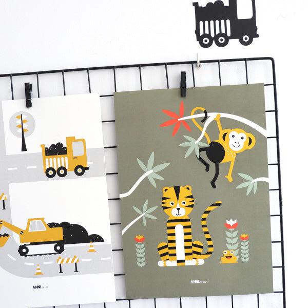 Poster jungle kinderkamer tijger + aap - olijfgroen