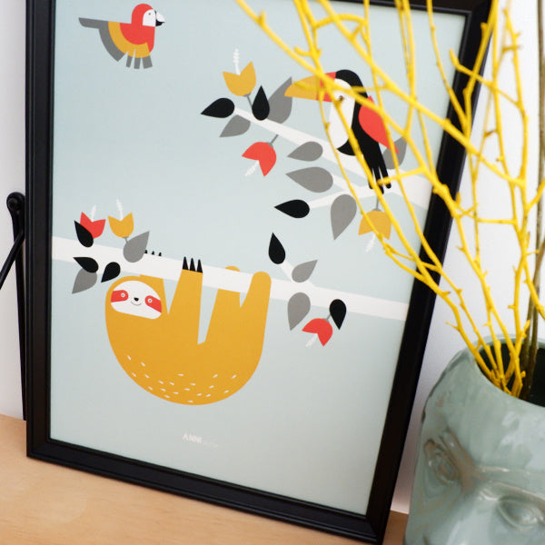 Poster jungle kinderkamer luiaard + toekan - mint