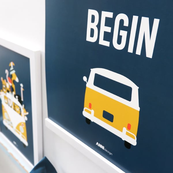 Poster VW bus met tekst Let the adventure begin - donker blauw