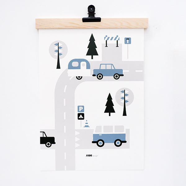 Poster set auto voertuigen kinderkamer - jeansblauw A4