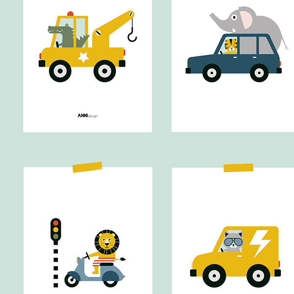 Posterset kinderkamer auto voertuigen met dieren onderweg - wit