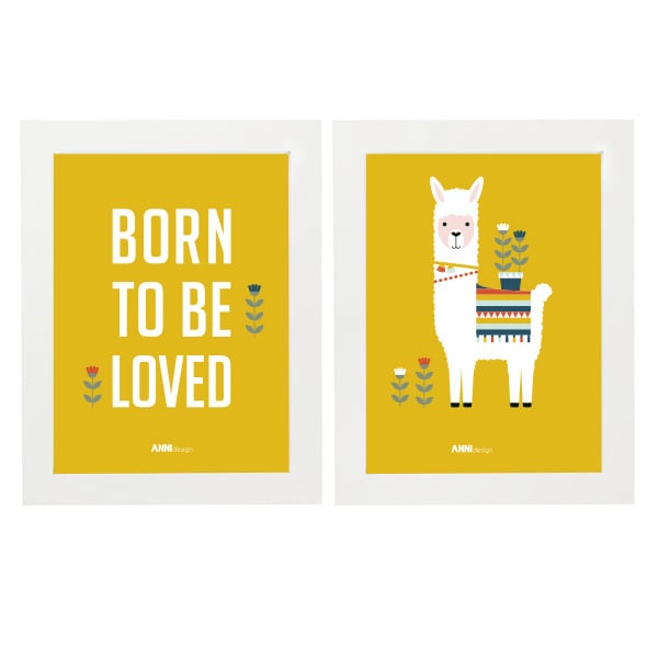 Posterset kinderkamer lama + born to be loved - oker