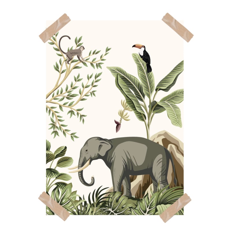 Poster set jungle kinderkamer babykamer - apen en olifant