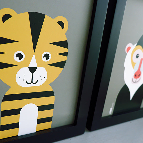 Posterset safari jungle dieren Tijger + Baviaan - olijf groen 15x20 cm
