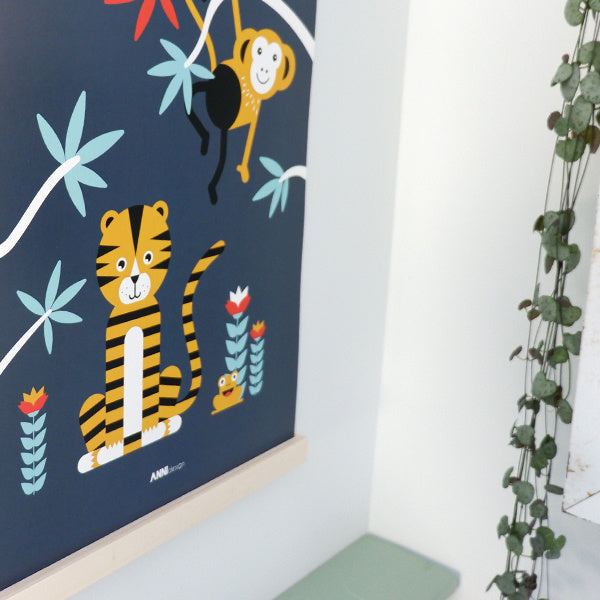 Poster jungle kinderkamer tijger + aap - donker blauw