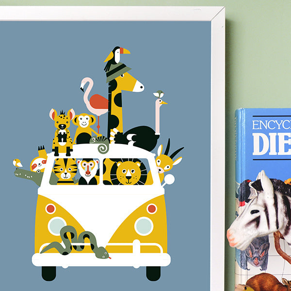 Poster kinderkamer VW bus met safari jungle dieren - jeansblauw