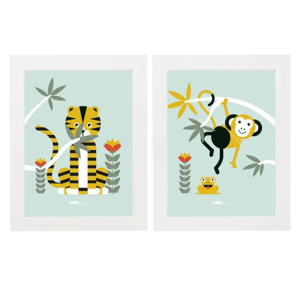 Posterset jungle kamer aap + tijger - mint
