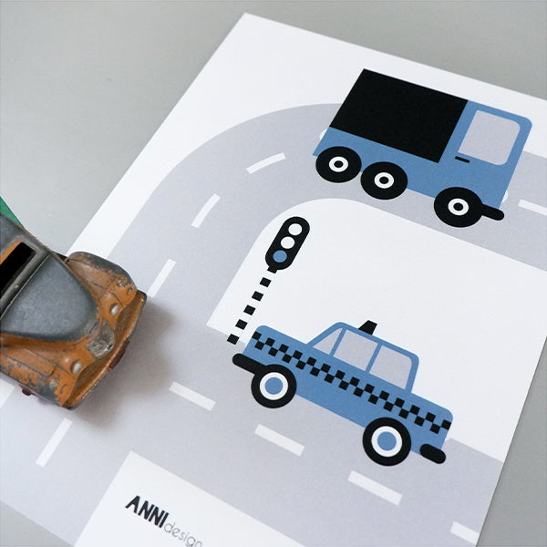 Posterset voertuigen auto kinderkamer - jeans blauw 15x20 cm