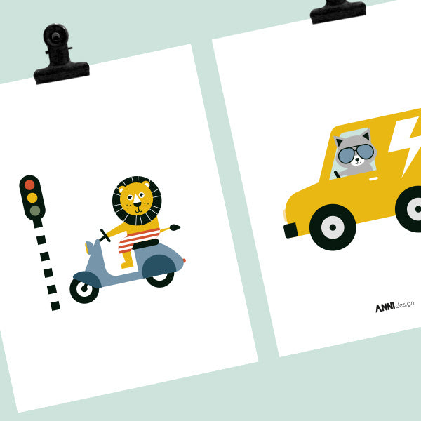 Posterset kinderkamer scooter dieren onderweg - wit