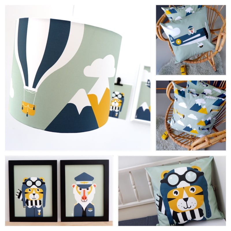 Kinderkamer aankleding en decoratie set - Luchtballon vliegtuig piloot (met lamp)