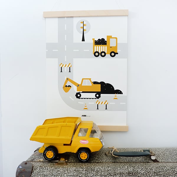 Poster voertuigen graafmachine kinderkamer - oker geel