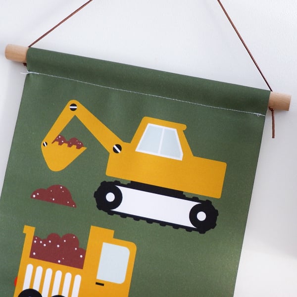Textielposter graafmachine + kiepwagen voertuigen kinderkamer - olijfgroen