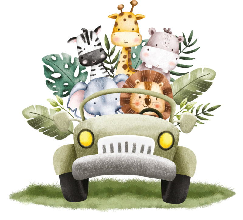Behang babykamer jungle dieren in safari jeep