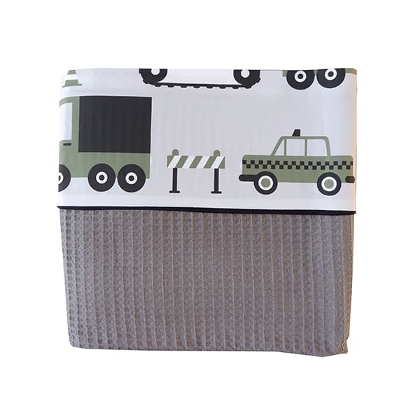 Ledikantdeken voertuigen olijf groen - wafelstof donker grijs