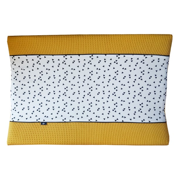 Aankleedkussenhoes wafelstof oker - zwart wit triangel