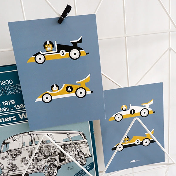Posterset kinderkamer raceauto F1 - jeansblauw 15x20 cm