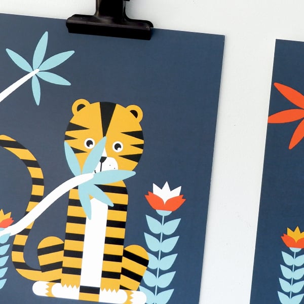 Posterset jungle kamer aap + tijger - donkerblauw 15x20 cm