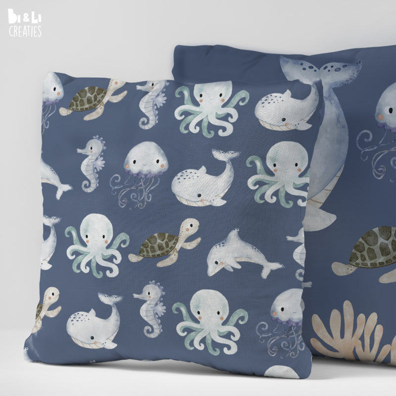 Kussen kinderkamer onderwater wereld - walvis (blauw)