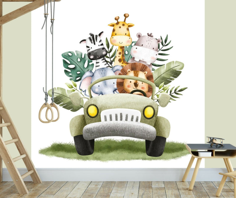 Behang babykamer jungle dieren in safari jeep – De Kleine Auto