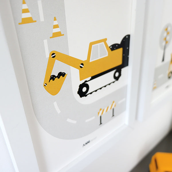 Posterset voertuigen graafmachine kinderkamer - oker geel 15x20 cm
