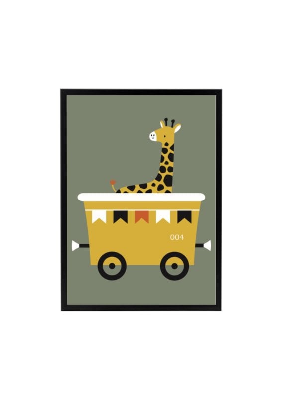 Poster trein wagon met giraffe - olijfgroen