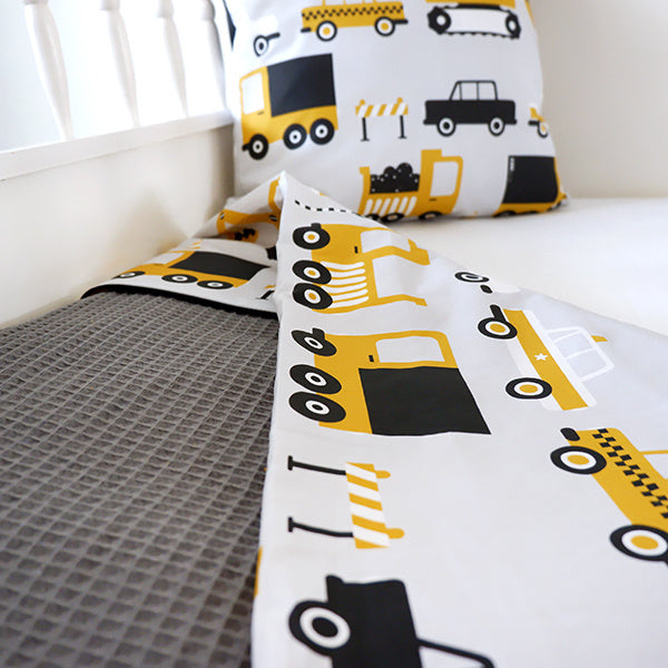 Ledikantdeken voertuigen oker geel - wafelstof donkergrijs