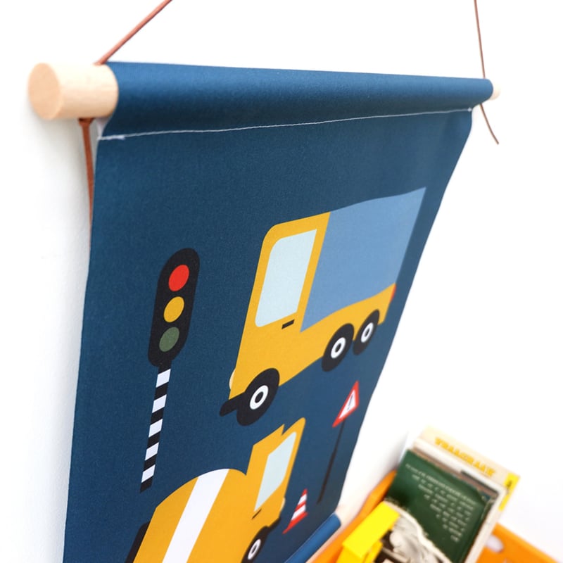 Textielposter met vrachtwagen voertuigen kinderkamer - donkerblauw