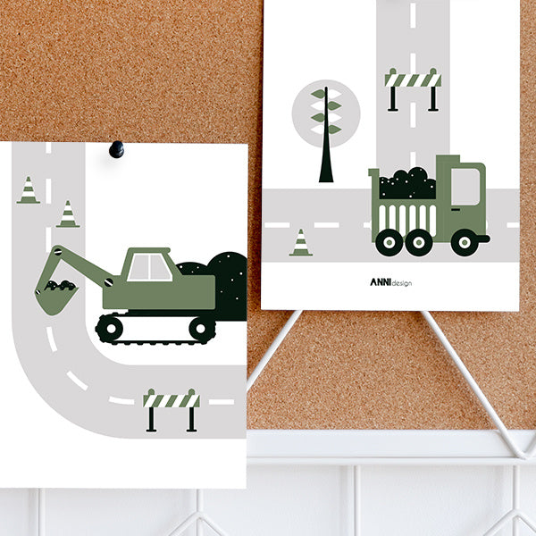 Posterset voertuigen graafmachine kinderkamer - olijfgroen 15x20 cm