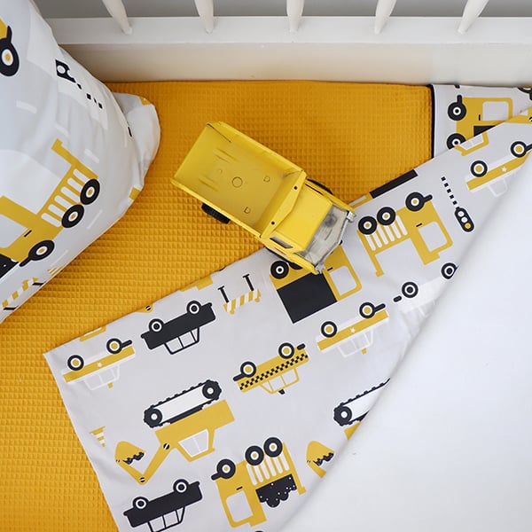 Ledikantdeken voertuigen oker geel - wafelstof oker