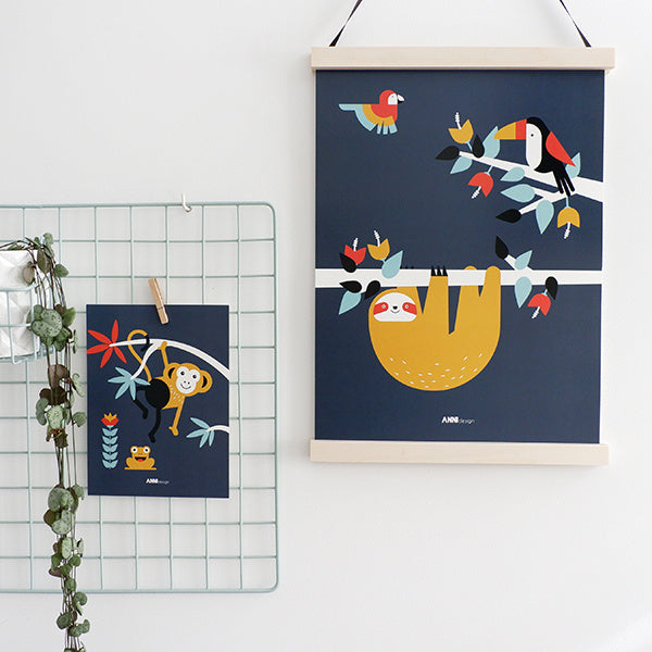 Posterset jungle kinderkamer - tijger + toekan donkerblauw