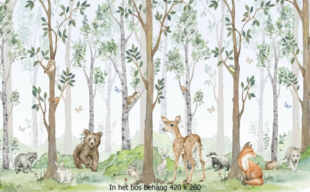 Bosdieren behang - babykamer