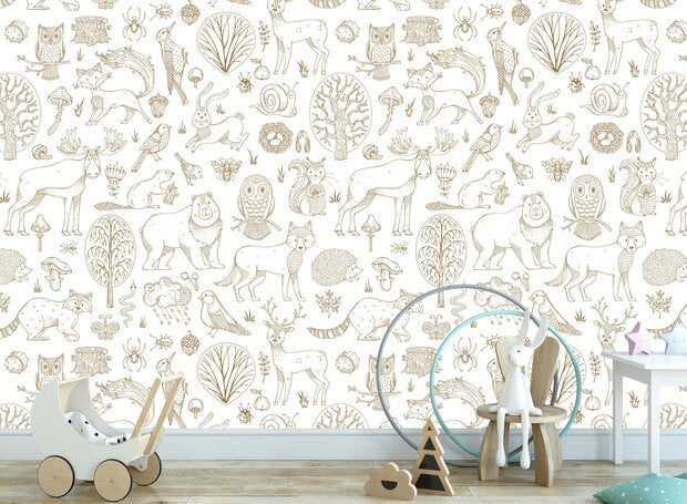 Bosdieren behang babykamer - getekende dieren