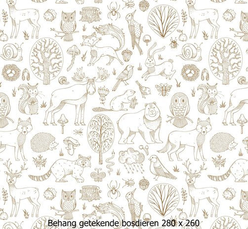 Bosdieren behang babykamer - getekende dieren
