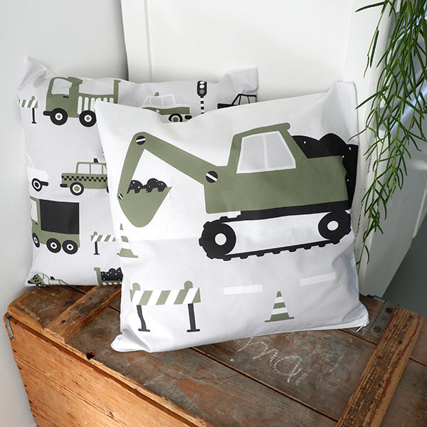 Kussen graafmachine voertuig olijf groen - inclusief binnenkussen