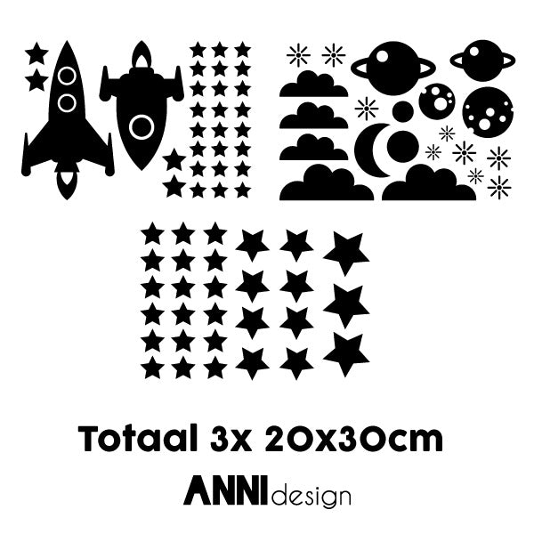 Muursticker set raket met sterren en planeten