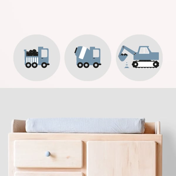Muursticker set rond graafmachine voertuigen kinderkamer (jeansblauw)
