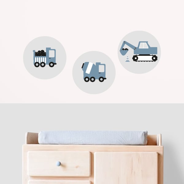Muursticker set rond graafmachine voertuigen kinderkamer (jeansblauw)