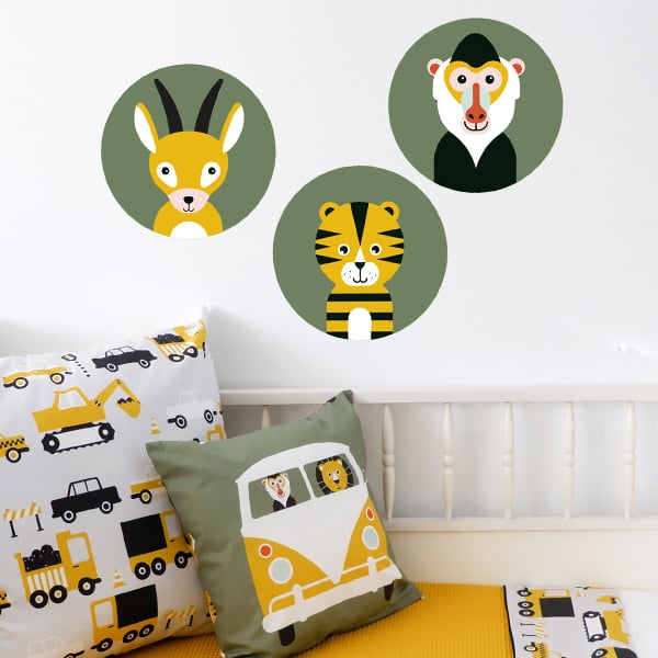 Muursticker set rond safari jungle kinderkamer (olijfgroen)