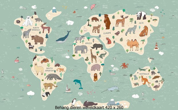 Behang wereldkaart met dieren