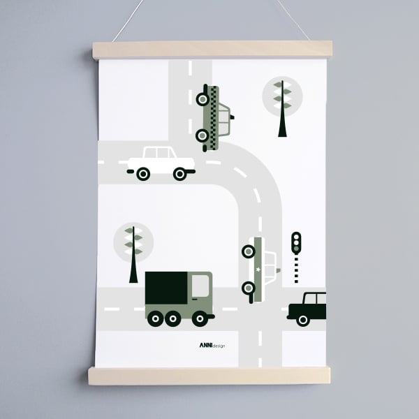 Poster set auto voertuigen kinderkamer - olijfgroen A4