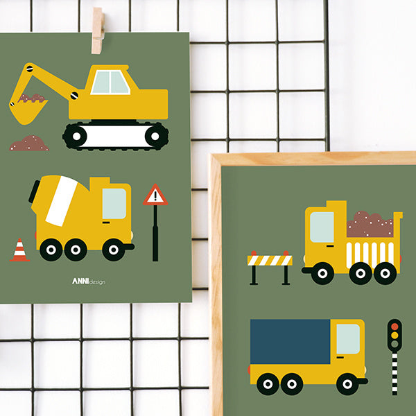 Posterset bouw voertuigen voor kinderkamer - olijfgroen