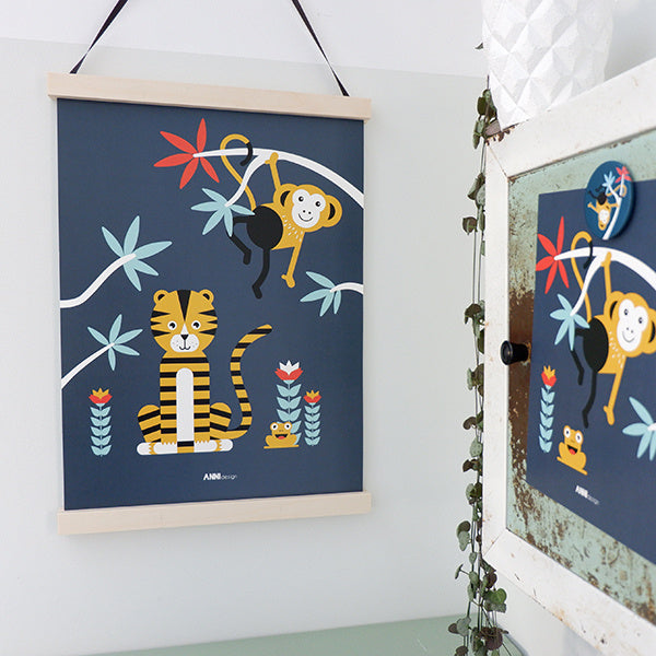 Posterset jungle kinderkamer - tijger + toekan donkerblauw