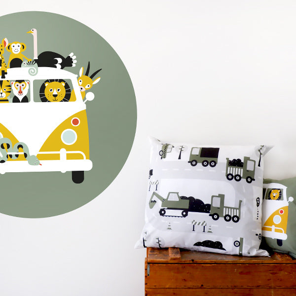 Kussen XL kinderkamer - auto voertuigen olijfgroen
