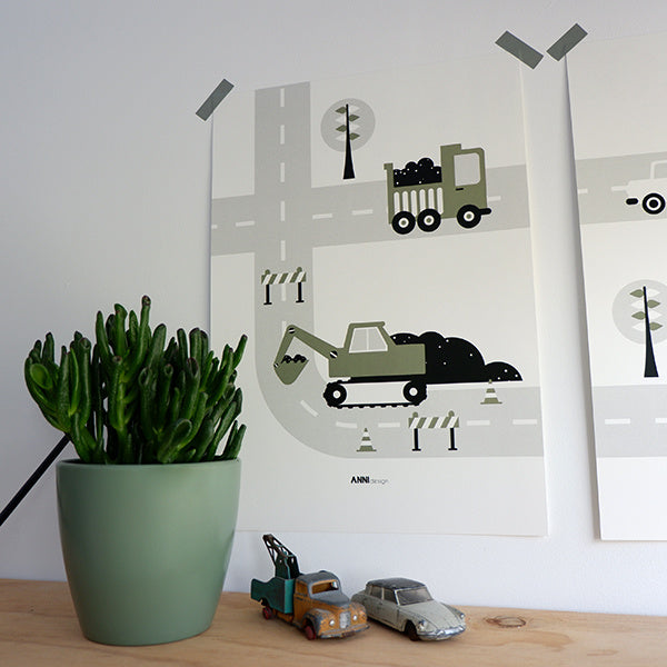 Poster voertuigen graafmachine kinderkamer - olijf groen