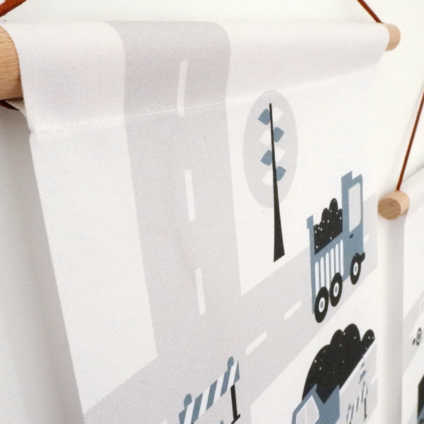 Textielposter graafmachine voertuigen kinderkamer - jeans blauw