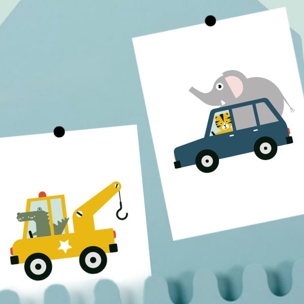 Posterset kinderkamer takelwagen dieren onderweg - wit