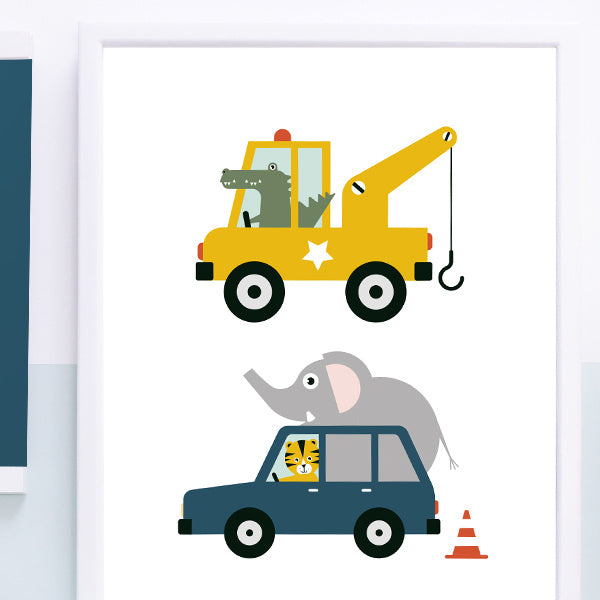 Poster kinderkamer takelwagen auto voertuigen - wit
