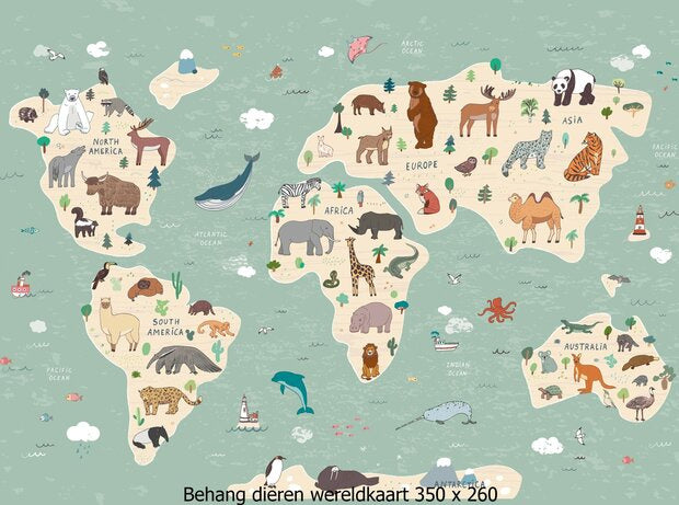Behang wereldkaart met dieren