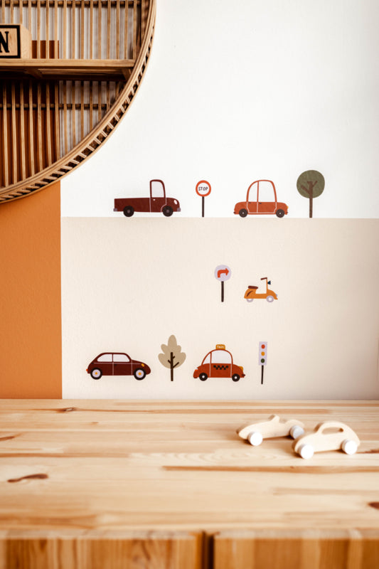 Voertuigen muurstickers in roodtinten