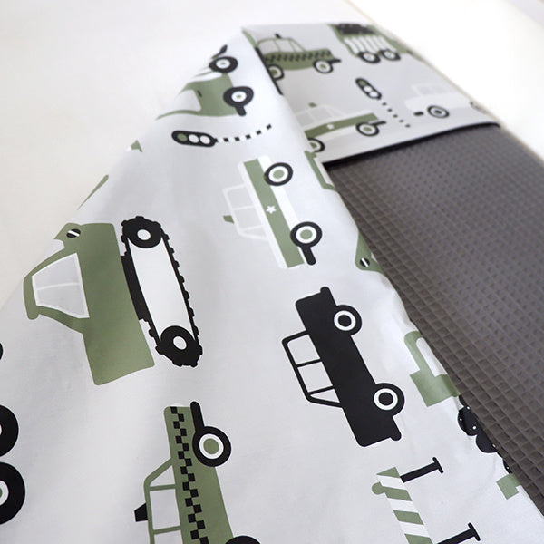 Ledikantdeken voertuigen olijf groen - wafelstof donker grijs